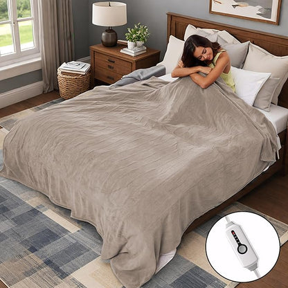 Electric Heated Blanket 84"x90" Queen Size, Soft Coral Fleece, Dual Controllers with 4 Heating Levels and 10 Hours Auto-Off, Machine Washable, Cozy Plush Fabric for Home, Light Brown