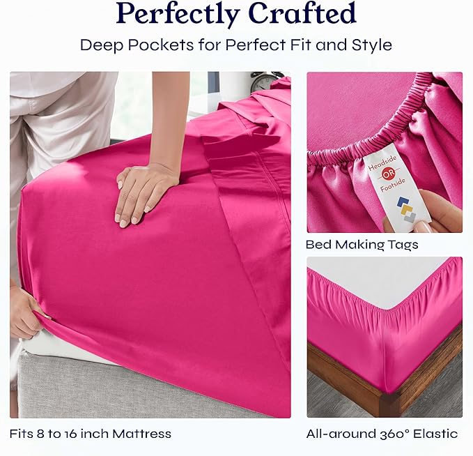 California Design Den Queen Bed Sheets Set - 400 Thread Count Sateen, Natural 100% Cotton Queen Size Sheet Set, Deep Pockets with All Around Elastic, Soft, Durable Bedding - Hot Pink