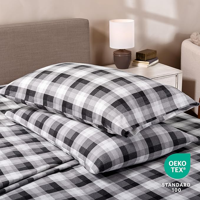Bare Home Flannel Sheet Set Prints, 100% Cotton, Velvety Soft Heavyweight - Double Brushed for Softness & Comfort - Deep Pocket - Bed Sheets (Split King, Oliver Plaid - Grey)