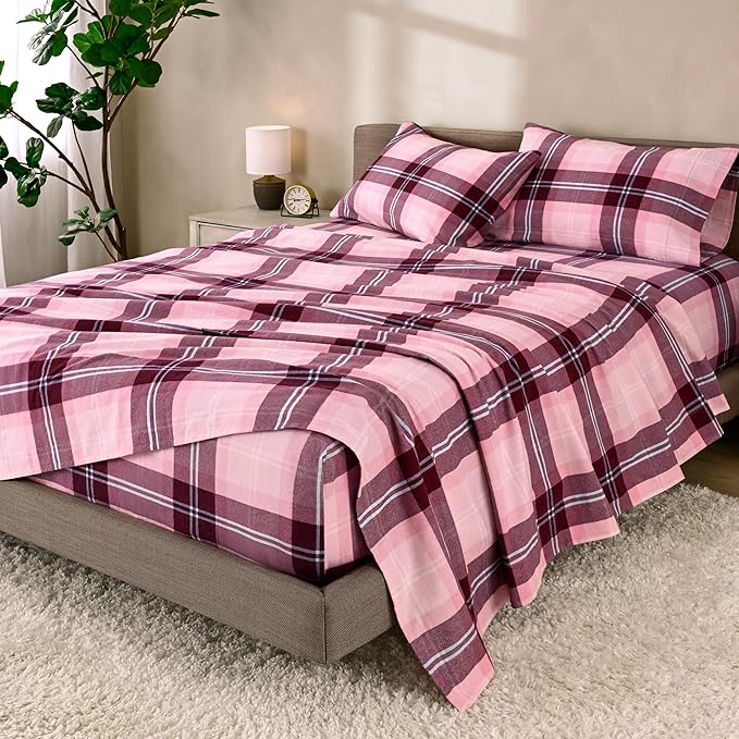 Bare Home Flannel Sheet Set Prints, 100% Cotton, Velvety Soft Heavyweight - Double Brushed for Softness & Comfort - Deep Pocket - Bed Sheets (Split King, Symphony Plaid - Pink)