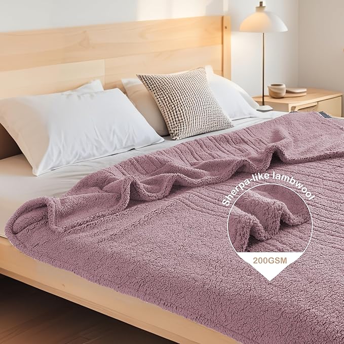 Electric Heated Blanket Queen Size 84"×90" Dual Control, 6 Heating Settings & 1-10H Auto Off, Heating Double Sided Plush Sherpa, Fast Heating, Machine Washable Light Purple