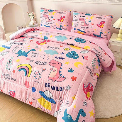 MWMWMW 5 Pcs Pink Dinosaur Comforter Set Queen, Pink Bedding Set Queen for Girls, Rainbow Dinosaur Bedding Sets for Girls Kids with 1 Comforter, 1 Flat Sheet, 1 Fitted Sheet and 2 Pillowcases