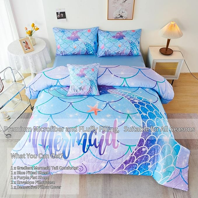 RYNGHIPY 6Pcs Mermaid Tail Comforter Set for Kids Girls, Mermaid Fish Scale Bed in a Bag Twin Size, Sparkle Teal Purple Rainbow Bedroom Decor Bedding Set