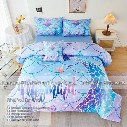 RYNGHIPY 6Pcs Mermaid Tail Comforter Set for Kids Girls, Mermaid Fish Scale Bed in a Bag Twin Size, Sparkle Teal Purple Rainbow Bedroom Decor Bedding Set