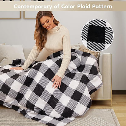 Electric Heated Blanket Throw Size - 50"x60", Soft Flannel Heating Blanket, 4 Heating Levels, 3 H Auto Shut Off, Breathable Warm and Washable for Sofa, Black - White Plaid