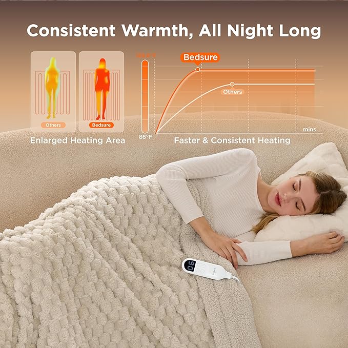 Bedsure Heated Blanket Throw - Super Soft Flannel Sherpa Electric Blanket with Bubble Pattern, Heating with 6 Heating Levels, 4 Time Settings, and 3-Hour Auto-Off (Light Brown, 50x60 inches)