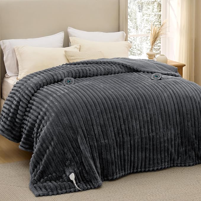 Bedsure Electric Blanket King Size - Thick Striped Flannel Electric Blanket with Dual Control, Heating with 10 Heat Settings & 10 Time Settings, 8 hrs Timer Auto Shut Off (90x100 inches, Grey)