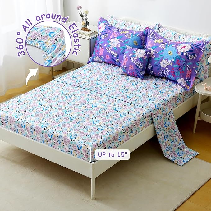 Mooreeke Kids Full Comforter Sets for Girls 8 Pieces Purple Floral Bedding Set for Teens Microfiber Flowers Kids Bed in A Bag with Comforter, Sheet Set, Shams and Decorative Toy Pillow All Season