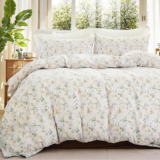 Green Floral Duvet Cover King Size 100% Cotton Botanical Coquette Bedding Sets with Zipper Closure 3 Pieces Soft & Breathable Reversible Comforter Cover