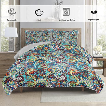 Boho Style Twin Quilt Set,Bohemian Floral Quilt Beddding Set for Adults,Soft and Lightweight Bed Set for All Season,Colorful Quilted Beddding with 2 Pillowcases.
