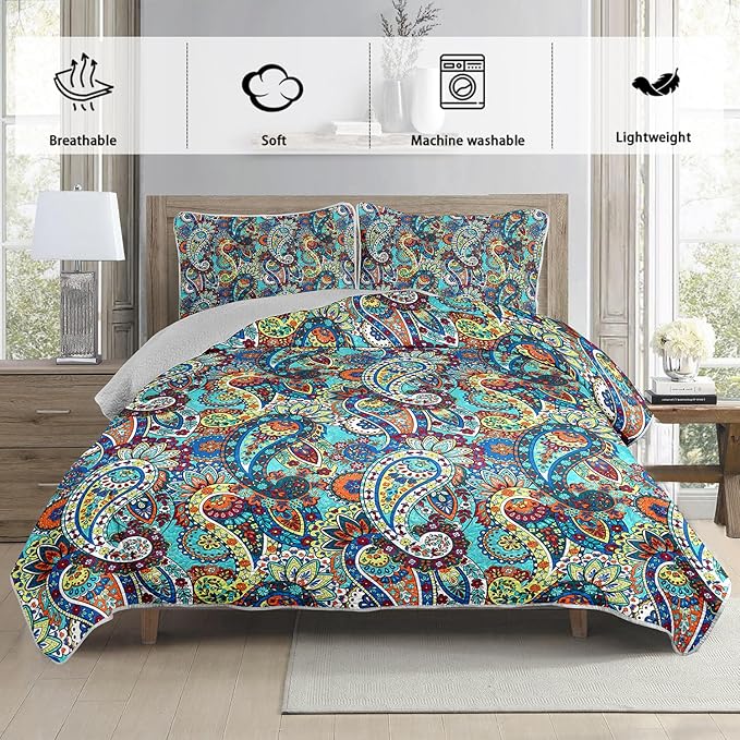 Boho Style Full Quilt Set,Bohemian Floral Quilt Beddding Set for Adults,Soft and Lightweight Bed Set for All Season,Colorful Quilted Beddding with 2 Pillowcases.