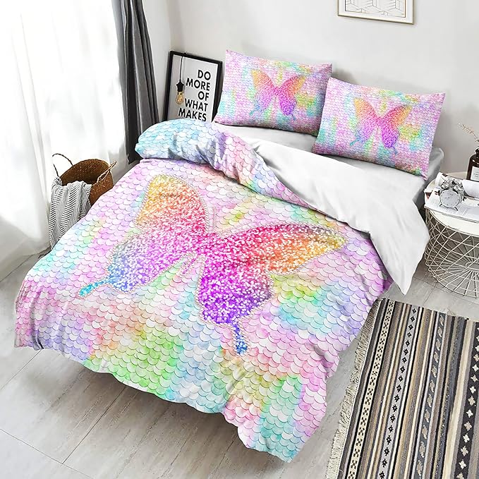 CVHOUSE Rainbow Butterfly Duvet Cover Set, Full Size, 1 Duvet 2 Pillowcases