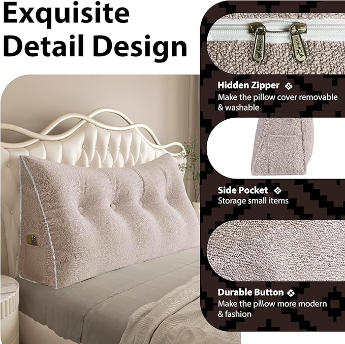 8 lbs Thickened Twin Wedge Pillow Headboard College Dorm Bed Velvet Wedge Pillow Backrest Triangular Headboard Pillows with Side Pocket, Dorm Bedding Essentials for Girls & Boys, Light Pink