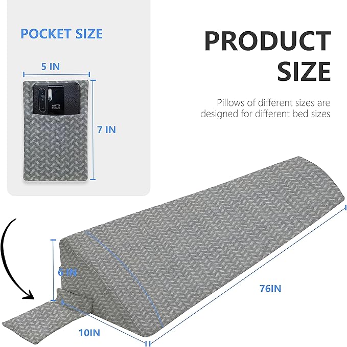 Bed Wedge Pillow for Headboard Gap Bed Mattress Gap Filler (0-8") Between Headboard/Wall and Mattress Grey King Size Foam Support Triangle Bloster Pillow Stoppers with 2 Pockets