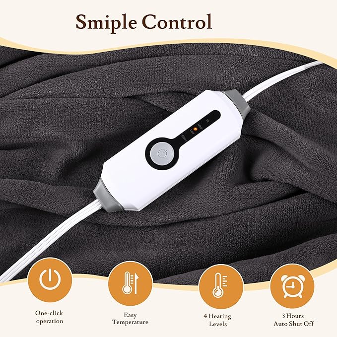 Electric Heated Blanket 50"x60" Throw Size - 4 Heat Settings, 3H Auto Shut Off, Ultra-Soft Coral Fleece Heated Blanket with Overheat Protection, Fast Heating, Cozy and Comfortable, Dark Gray