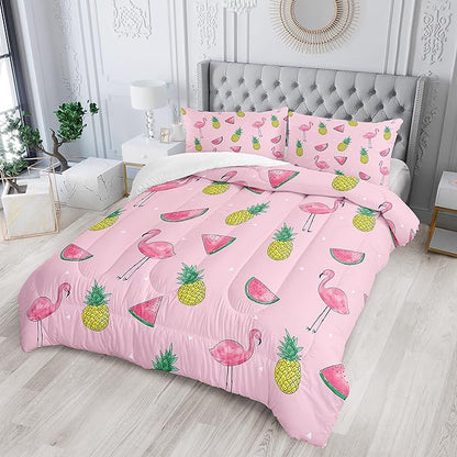 Flamingo Watermelon Comforter Set Queen Size Tropical Flamingo Pineapple Bedding Set Cool Summer Quilted Duvet for Kids Girls Boys Adult with 1 Comforter and 2 Pillowcases