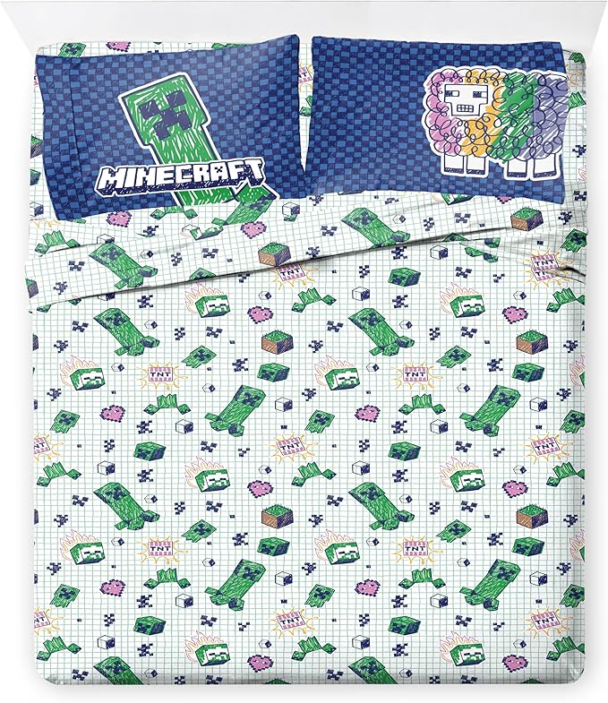 Jay Franco Kids Comforter Set Includes Sheets and Pillow Covers - Soft and Cozy Bed Set for Stylish Room Decor, Blue - Minecraft 02, 7 Piece Queen Bedding