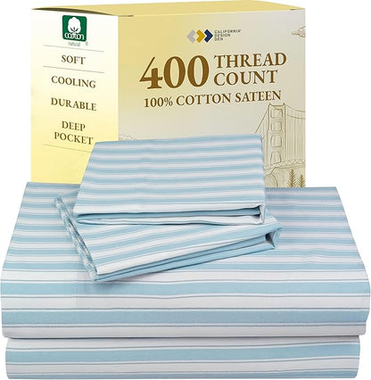 California Design Den Full Size Bed Sheets Set - 400 Thread Count Sateen, Natural 100% Cotton Sheets, Deep Pocket and Durable Bedding Set - Cape Stripe
