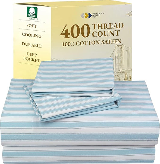 California Design Den Full Size Bed Sheets Set - 400 Thread Count Sateen, Natural 100% Cotton Sheets, Deep Pocket and Durable Bedding Set - Cape Stripe