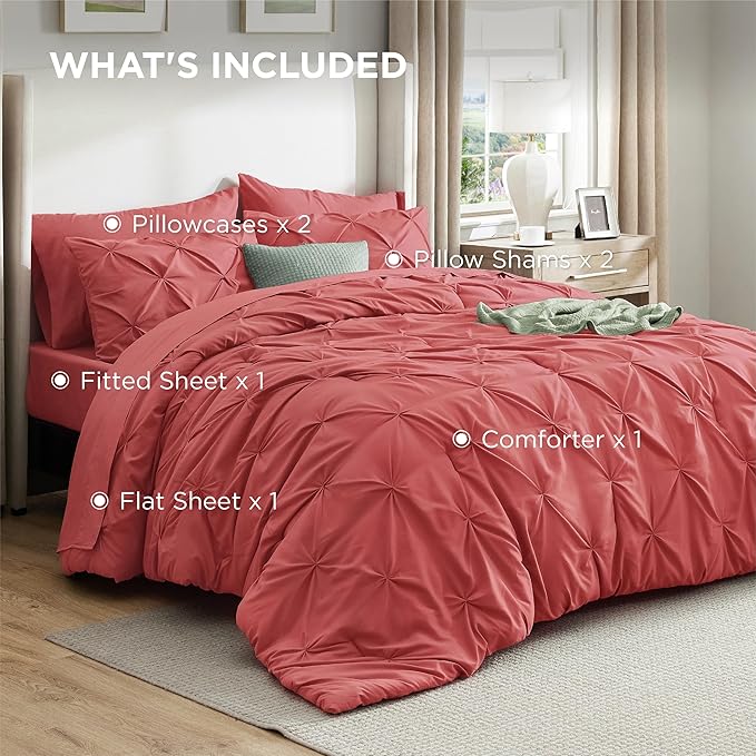 Bedsure Queen Comforter Set Coral Red - Bed in a Bag Queen Size Bedding 7 Pieces, GentleSoft™ Pintuck Bed Set Gift for Family, Pinch Pleat All Season Comforter with Sheets, Pillowcases & Shams