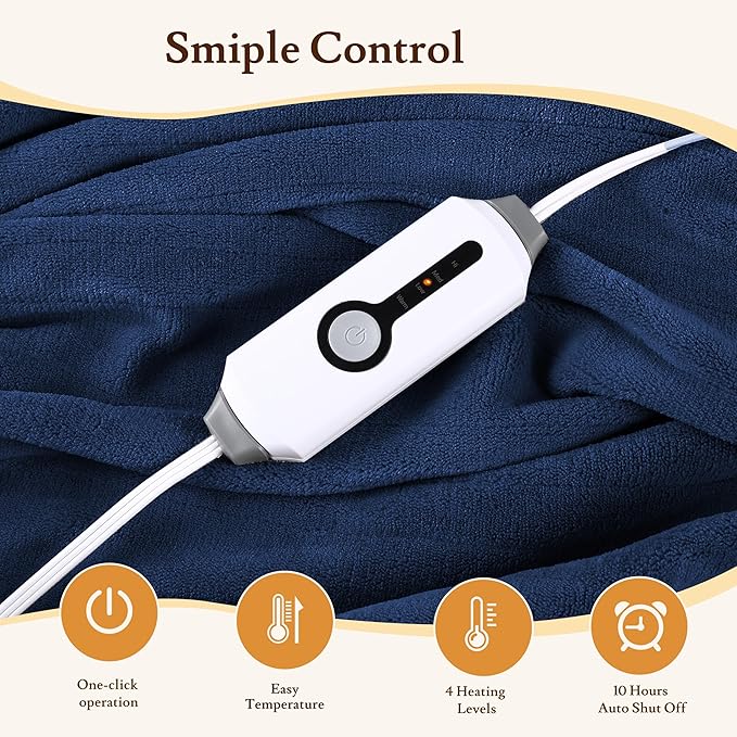 Electric Heated Blanket 72"x84" Full Size - 4 Heat Levels, 10H Auto Shut Off, Ultra-Soft Coral Fleece Heated Blanket with Overheat Protection, Fast Heating, Machine Washable - Dark Blue