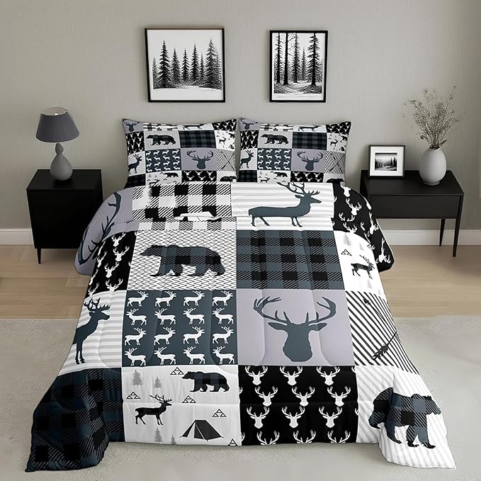 Feelyou Rustic Deer Bear Comforter Set Full, Camping Hunting Comforter Set for Kids Western Farmhouse Comforter Bear Antler Silhouette Duvet Set Breathable Quilt Set 3Pcs