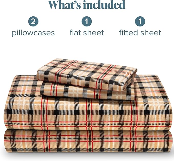 Bare Home Flannel Sheet Set Prints, 100% Cotton, Velvety Soft Heavyweight - Double Brushed Flannel for Extra Softness & Comfort - Deep Pocket - Bed Sheets (King, Red Lodge Plaid)