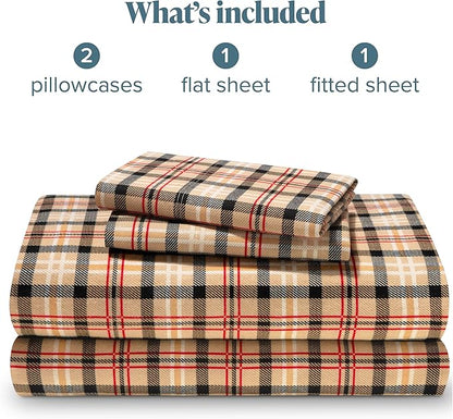 Bare Home Flannel Sheet Set Prints, 100% Cotton, Soft Heavyweight - Christmas Sheets - Double Brushed Flannel for Extra Softness & Comfort - Deep Pocket - Holiday Sheets (Queen, Red Lodge Plaid)