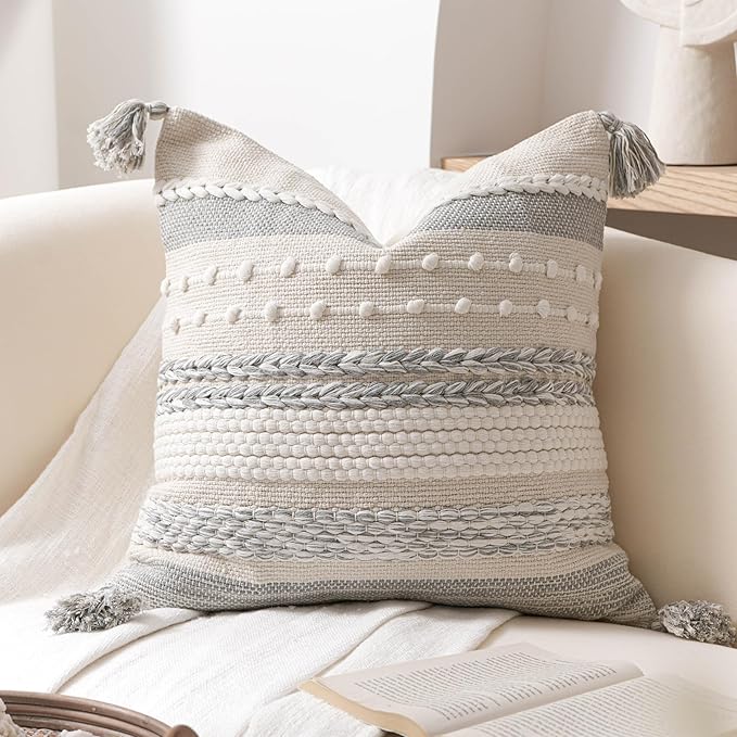 BlissBlush Gray Boho Decorative Throw Pillow Cover 22x22 Square Farmhouse Accent Cushion for Couch Sofa Livingroom Bedroom Pillowcase Modern Home Décor (Pack of 1)