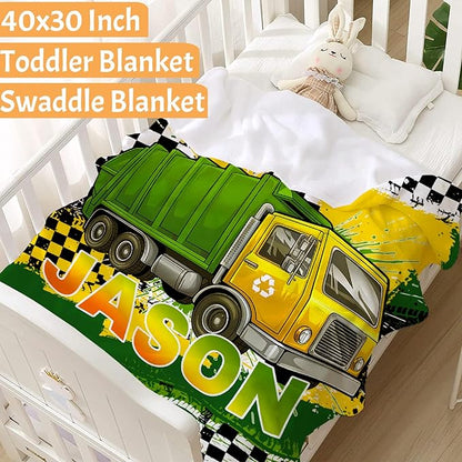 Custom Garbage Truck Blanket, Personalized Truck Gifts for Kids, Car Themed Flannel Blankets with Name, Soft Cozy Lightweight Throws Gifts for Truck Lovers & Boys 80x60 Inch for Adult