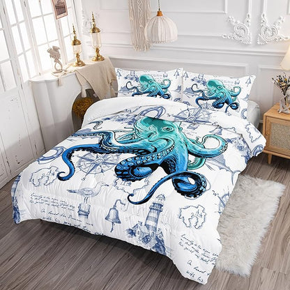 HOSIMA Octopus Bedding Sets,Nautical-Themed White Comforter Queen Size,Tentacle Sea Animals Nautical Bedding Ship Helm Anchor Print Design for Boys Girls Room Decor,Ocean Bedding Seaside Home Decor.