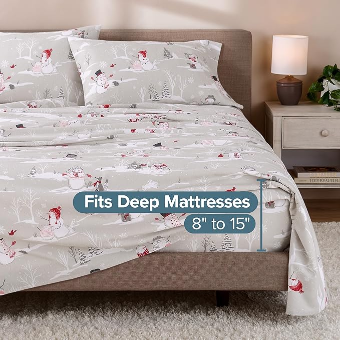 Bare Home Flannel Sheet Set Prints, 100% Cotton, Velvety Soft Heavyweight - Double Brushed Flannel for Extra Softness & Comfort - Deep Pocket - Bed Sheets (Cal King, Snowmen)