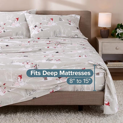 Bare Home Flannel Sheet Set Prints, 100% Cotton, Velvety Soft Heavyweight - Double Brushed Flannel for Extra Softness & Comfort - Deep Pocket - Bed Sheets (Queen, Snowmen)