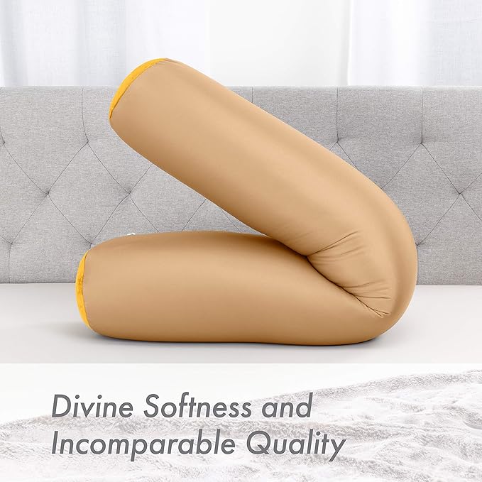 Straight Body Pillow, Full Size Premium Microbead,Side Sleeping/Maternity Pregnant Women, Supportive,Fluffy, Breathable, Cooling, 85/15 Spandex/Nylon Silky Feel Anti-Aging - 48 X 8 - Barely Beige