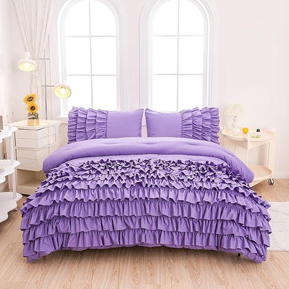 MWMWMW 5 Pcs Purple Comforter Set Twin, Girls Bed in a Bag Twin, Purple Ruffle Bedding Set for Girls Kids, Princess Dress Bedding with 1 Fitted Sheets, 1 Flat Sheet, 1 Comforter, 2 Pillowcases