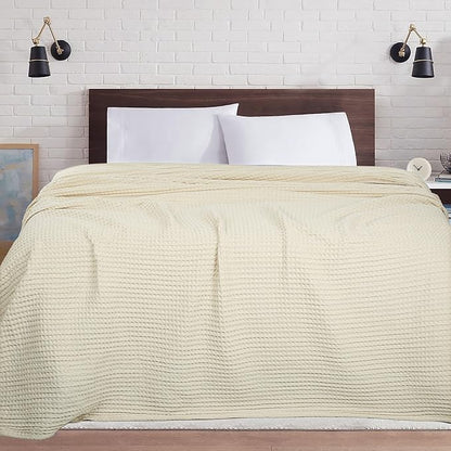 HILLFAIR 100% Cotton Blanket- 120"x120" XXL Oversized King Bed Blankets- Family Size 10 ft x 10 ft Big- Waffle Blankets- All Season Soft Breathable- Extra Large King Cotton Blanket for Bed- Ivory
