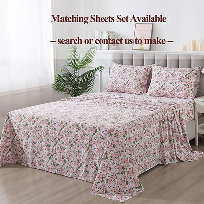 FADFAY Duvet Cover Set Queen Pink Rose Floral Bedding Vintage Peony Flower Quilt Cover Set Shabby Farmhouse Bedding 100% Cotton Ultra Soft Comforter Cover with Hidden Zipper Closure 3Pcs, Queen Size