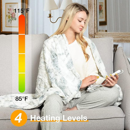 WOOMER Heated Blanket Throw 50" x 60", Electric Blanket Throw with 4 Heating Levels & 4H Auto Off, ETL Certified, Marble Blue Double-Sided Faux Fur, Over-Heat Protect, Machine Washable