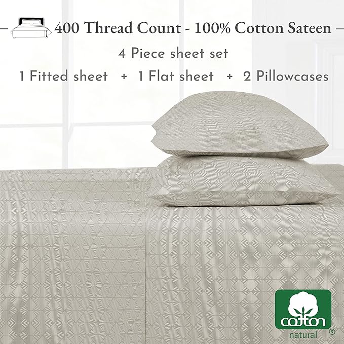 California Design Den Printed King Size Sheets Set - 400 Thread Count, Soft Sateen, Natural 100% Cotton Sheets, Deep Pockets, and Durable Bedding Set - Taupish-Sage Crosshatch