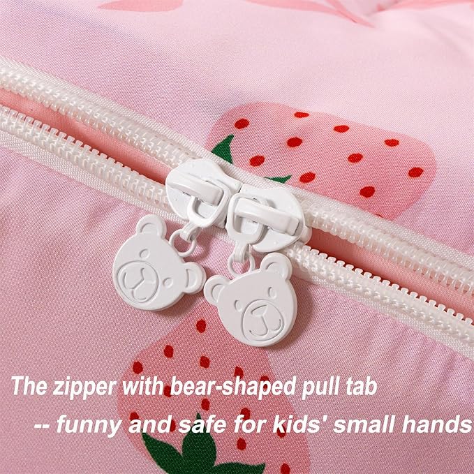 Holawakaka Kids Zipper Bedding Bow Comforter Set, Girls Women Twin Size Strawberry Bowknot Print Zippered Bed Sets, Child Cartoon Dorm Zip Bedding