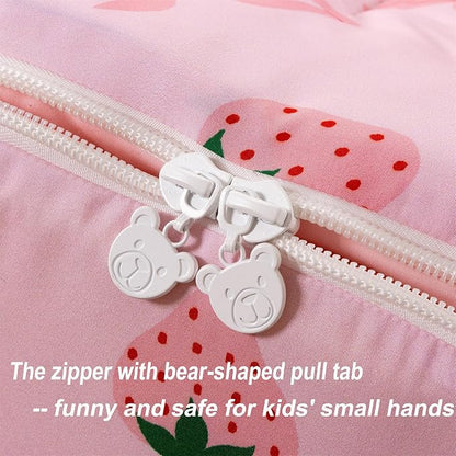Holawakaka Kids Zipper Bedding Bow Comforter Set, Girls Women Twin Size Strawberry Bowknot Print Zippered Bed Sets, Child Cartoon Dorm Zip Bedding