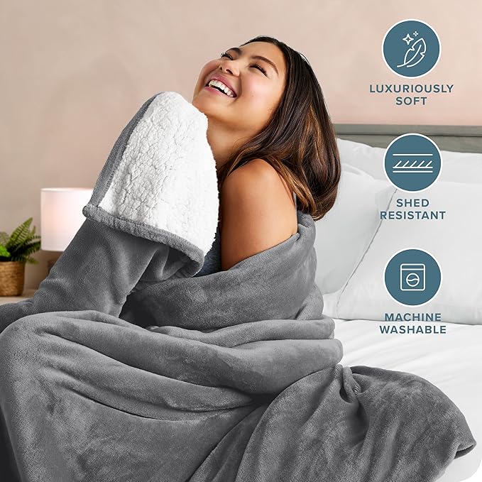 Bare Home Sherpa Fleece Blanket - Throw/Travel Size - Blanket for Bed, Sofa, and Couch - Warm & Lightweight - Fluffy & Soft - Reversible (Throw/Travel, Grey)