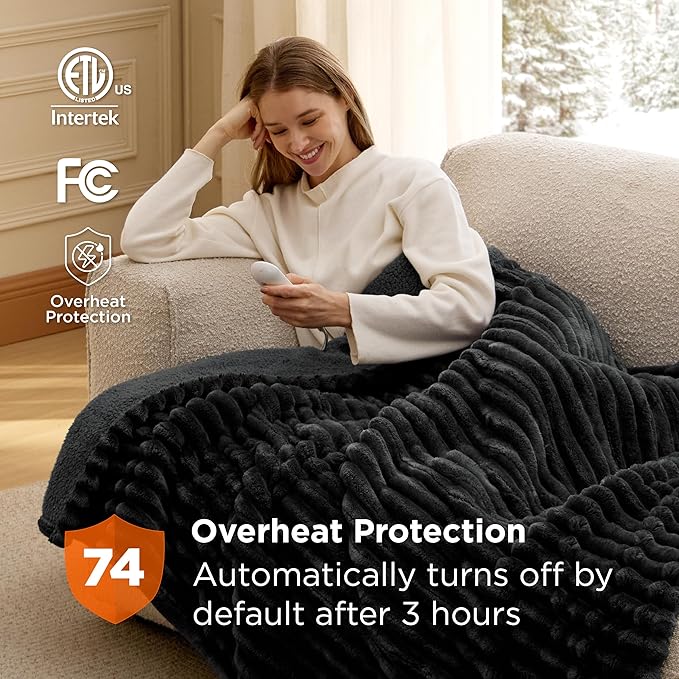 Bedsure Heated Blanket Electric Throw - Thick Striped Flannel Electric Blanket, Heating with 4 Time Settings, 6 Heat Settings, and 3-Hour Timer Auto Shut Off, Gift for Grandma (50x60 inches, Black)