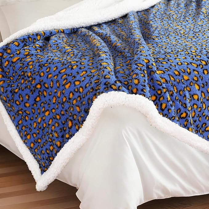 Electric Heated Blanket Throw 50"×60" with 6 Heating Levels &3 Hours Auto Off, Heating Double Sided Plush Sherpa, Fast Heating, Machine Washable Leopard Print Blue & Yellow