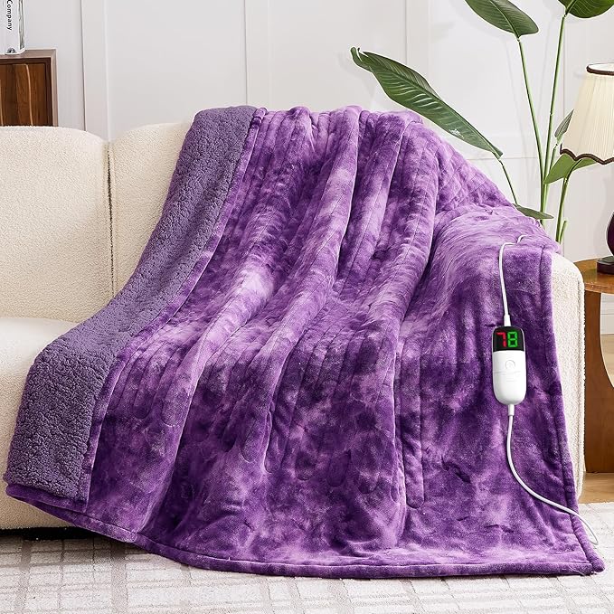 greenoak Heated Electric Blanket Throw, Faux Fur Sherpa Heating Blanket for Sofa Bed, Warm Winter Gifts for Women/Her, Heater Lap Blankets 5-Position Timer &10 Heating Levels 62''*84" Purple