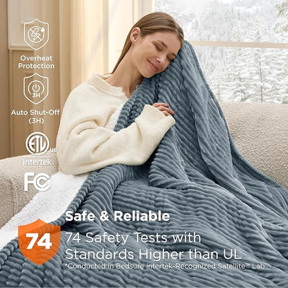 Bedsure GentleSoft Heated Blanket Electric Throw - Soft Ribbed Flannel Electric Blanket, Heating with 4 Time Settings, 6 Heat Levels, 3 hrs Timer Auto Shut Off, Gifts for Grandma (50x60 inches, Grey)
