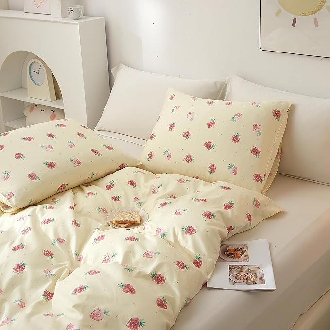 AOJIM Pure Cotton Kids Duvet Cover with Small Strawberries, Soft Bedding Comforter Cover Set 3pcs, 1 Cute Reversible Girls Quilt Cover Twin Size and 2 Pillowcases for Room Deocr, Machine Washable