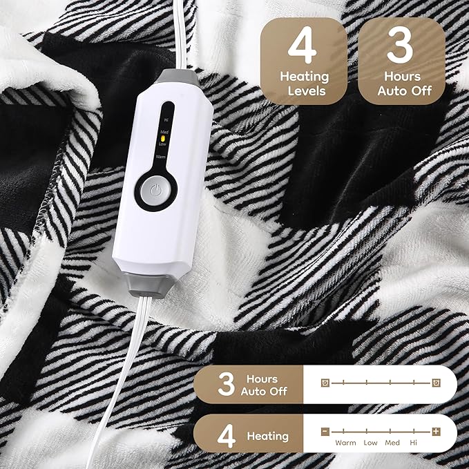 Electric Heated Blanket Throw Size - 50"x60", Soft Flannel Heating Blanket, 4 Heating Levels, 3 H Auto Shut Off, Breathable Warm and Washable for Sofa, Black - White Plaid