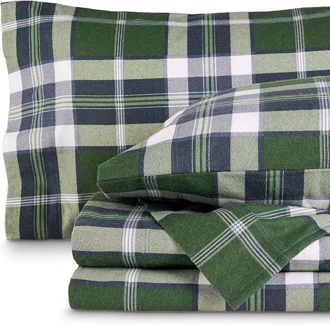 Bare Home Cotton Flannel Sheet Set Prints, 100% Cotton, Velvety Soft Heavyweight - Double Brushed for Softness & Comfort - Deep Pocket - Bed Sheets (Twin XL, Enchanted Plaid - Green)