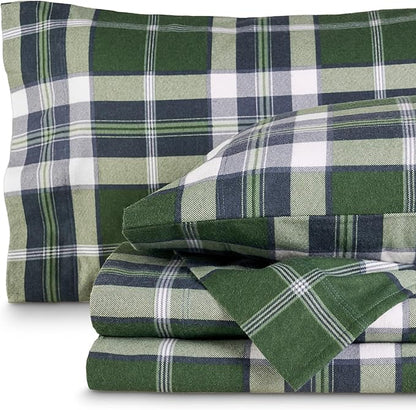 Bare Home Cotton Flannel Sheet Set Prints, 100% Cotton, Velvety Soft Heavyweight - Double Brushed for Softness & Comfort - Deep Pocket - Bed Sheets (Cal King, Enchanted Plaid - Green)